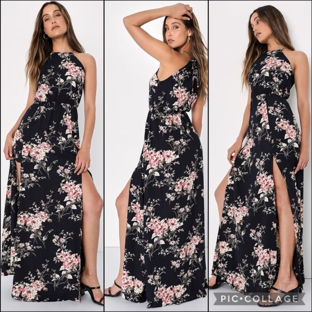 Lulus Feel the Music Blue Floral Print Maxi Dress, Full-Length Small Prom Easter